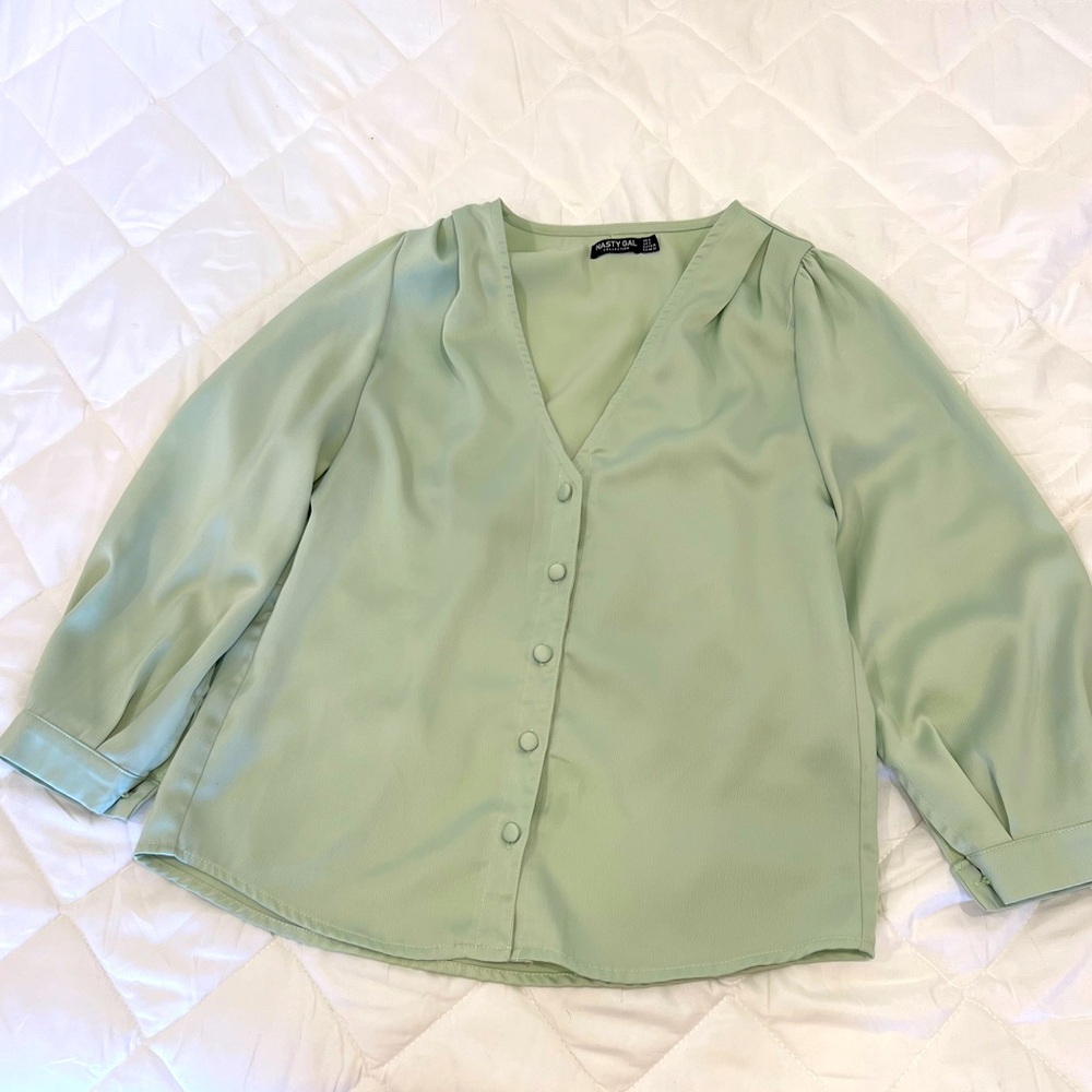 Nasty Gal Teal Button Up V-Neck Blouse